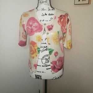 Pretty White with Roses & Sequins Soft Cardigan Button Up Size S